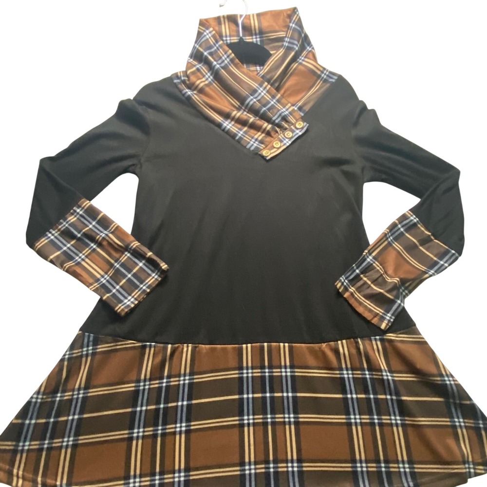 Miusey Womens 2XL Plaid Cowl Neck Button Tunic Top Long Sleeve Black Brown NEW